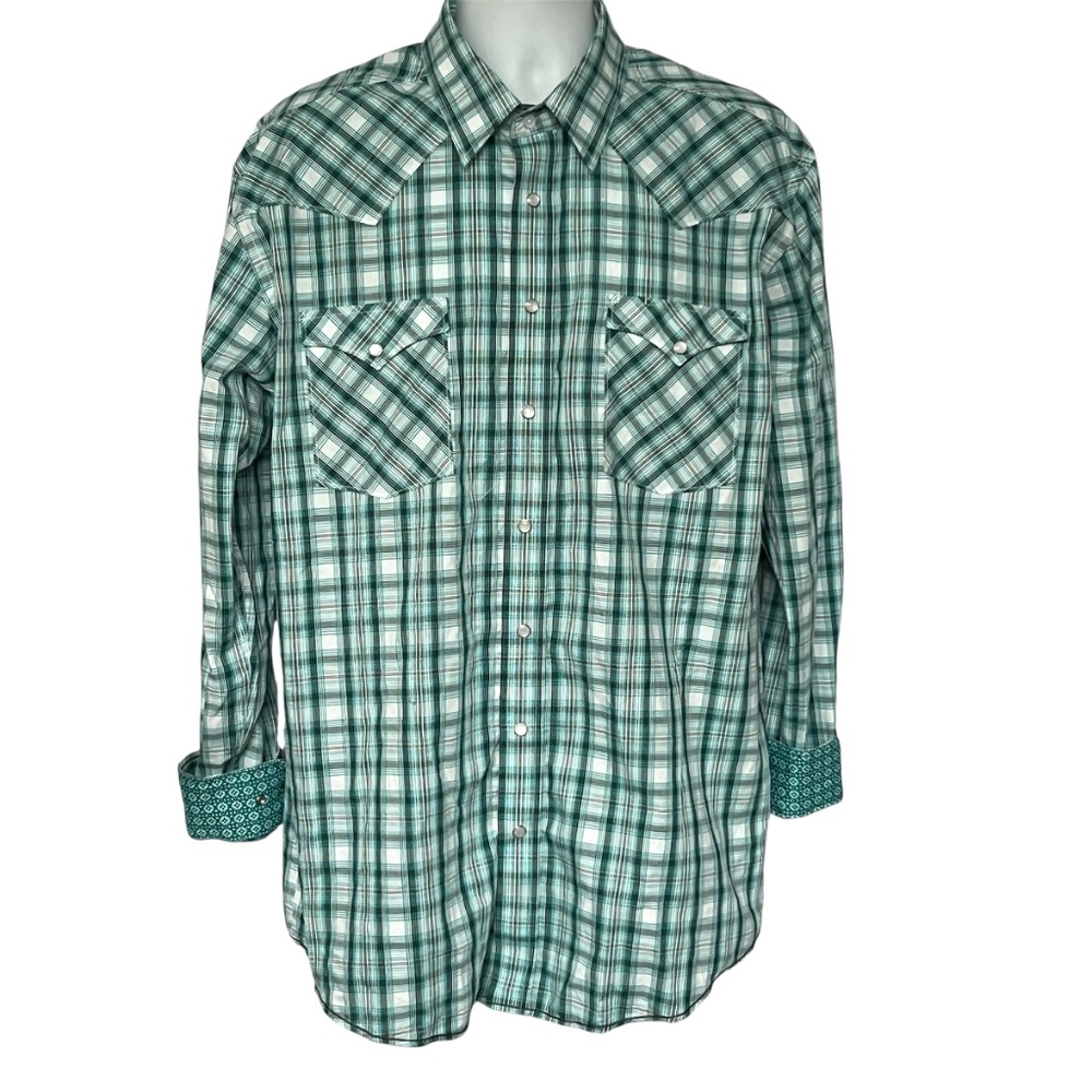 Panhandle Mens Shirt Rough Stock Western Plaid 100% Cotton Pearl Snaps L Green